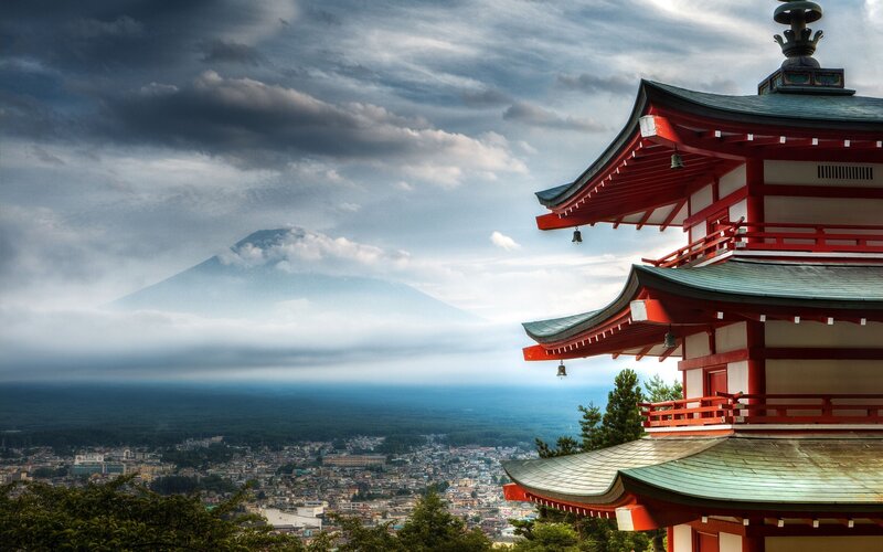 Red Pagoda with Mountain View