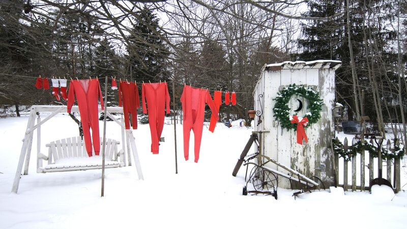 Red pajamas in snowy yard
