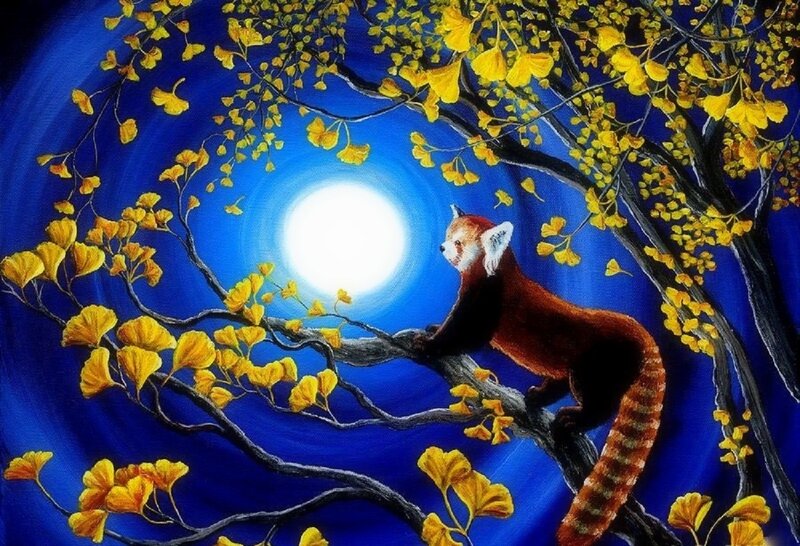 Red Panda on Tree Branch — Blue