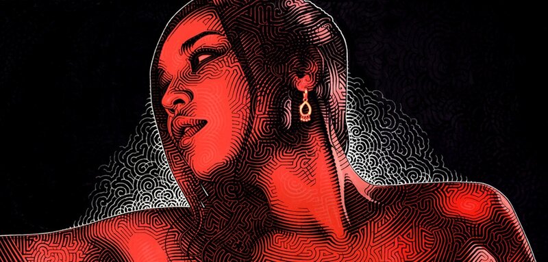 red patterned portrait of woman