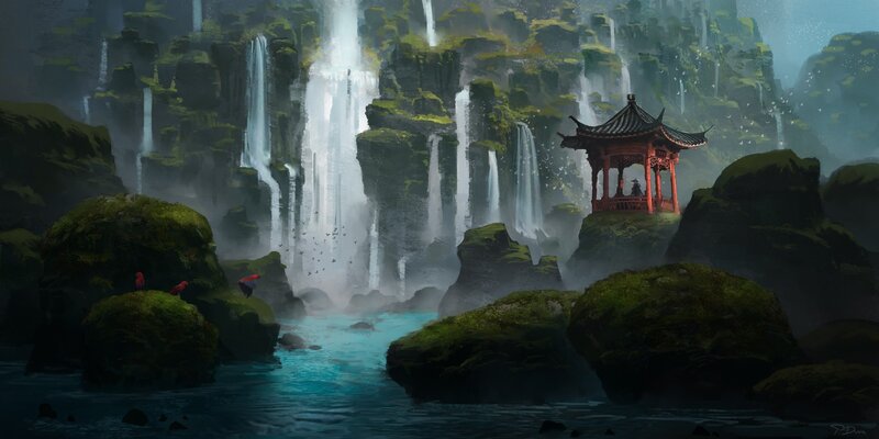 Red Pavilion by Waterfall