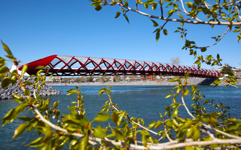 Red Pedestrian Bridge — Serene, Spring