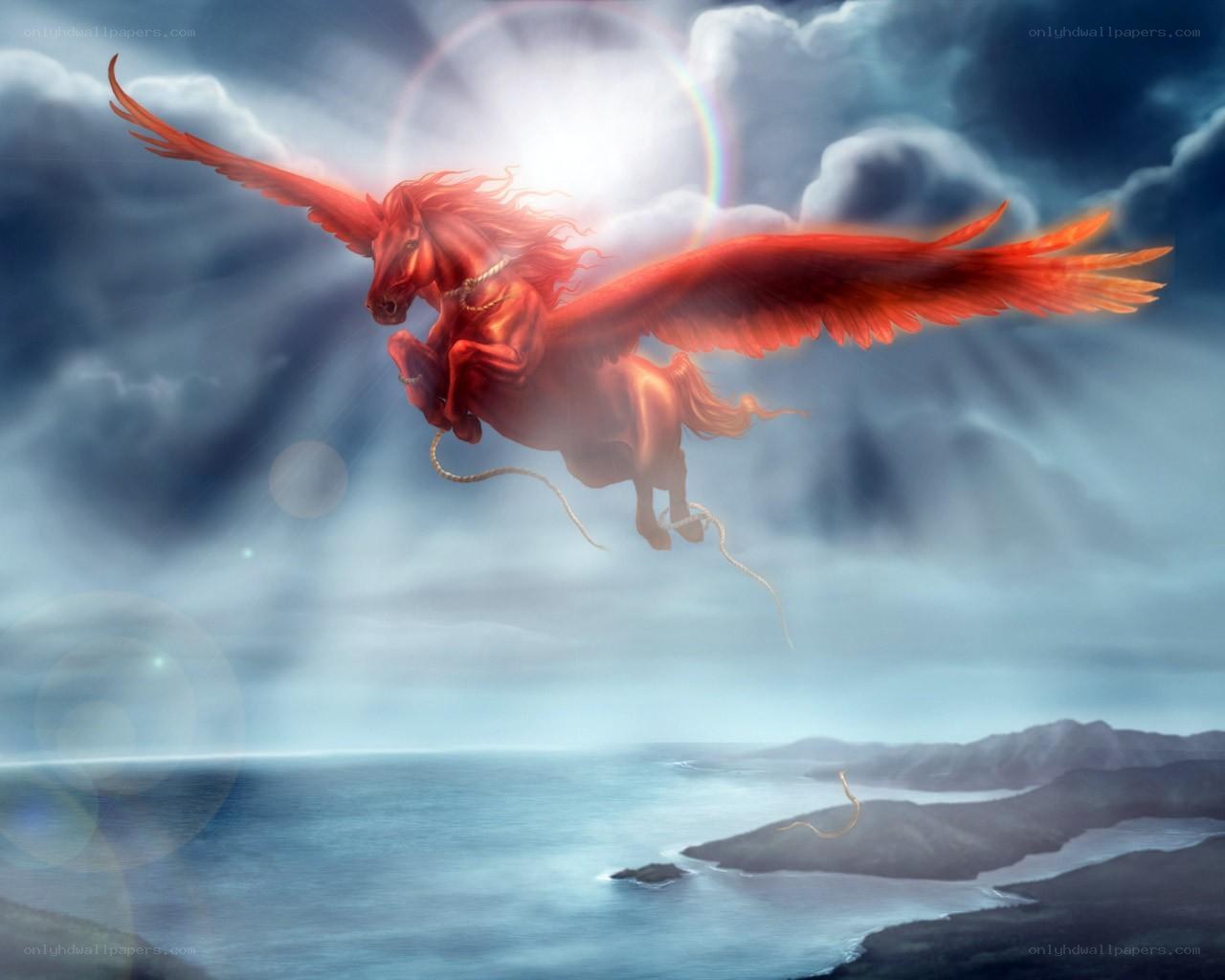 Red Pegasus Flying Over Sea