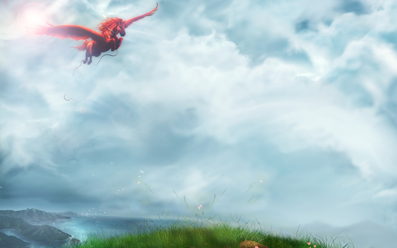 Red Pegasus Flying Over Sea
