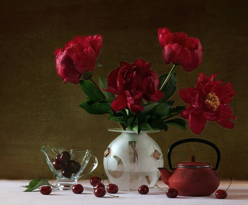 Red peonies and cherries