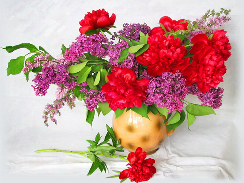Red Peonies and Lilacs