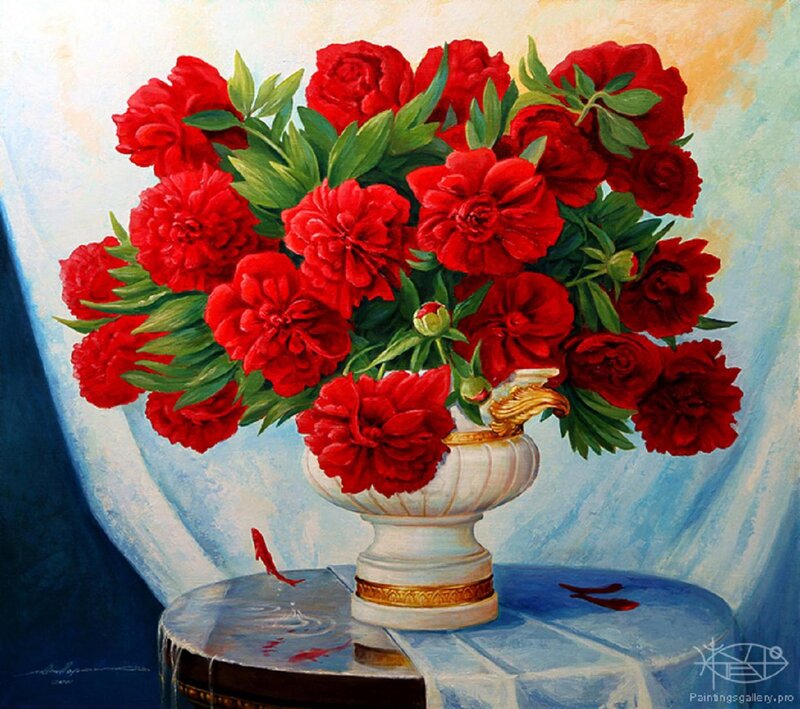 Red Peonies in Vase — Calm, Painting