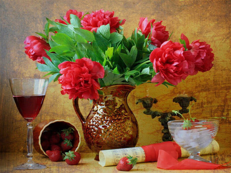 Red Peonies in Vase — Calm, Photograph, Strawberries