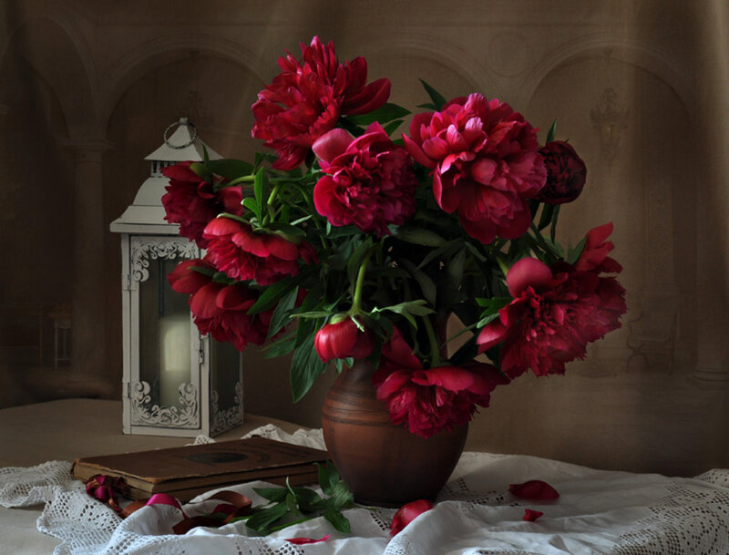 Red Peonies in Vase — Dramatic, Photograph, Lantern