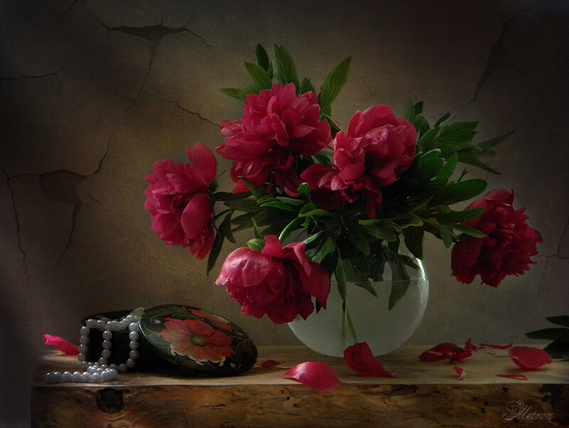 Red Peonies in Vase — Dramatic, Photograph, Pearl Necklace