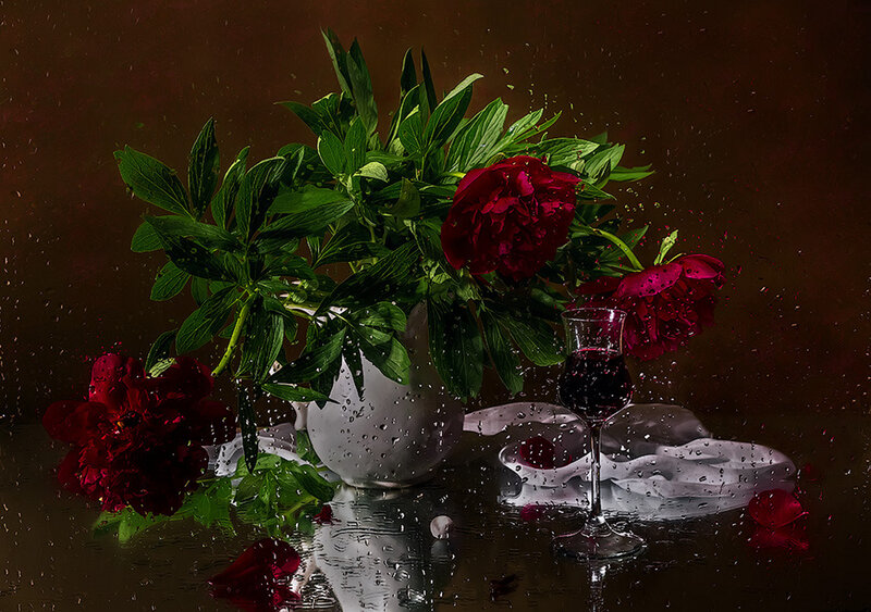 Red Peonies in Vase — Dramatic, Photograph