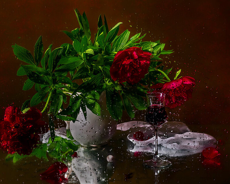Red Peonies in Vase — Dramatic, Photograph, Wine Glass