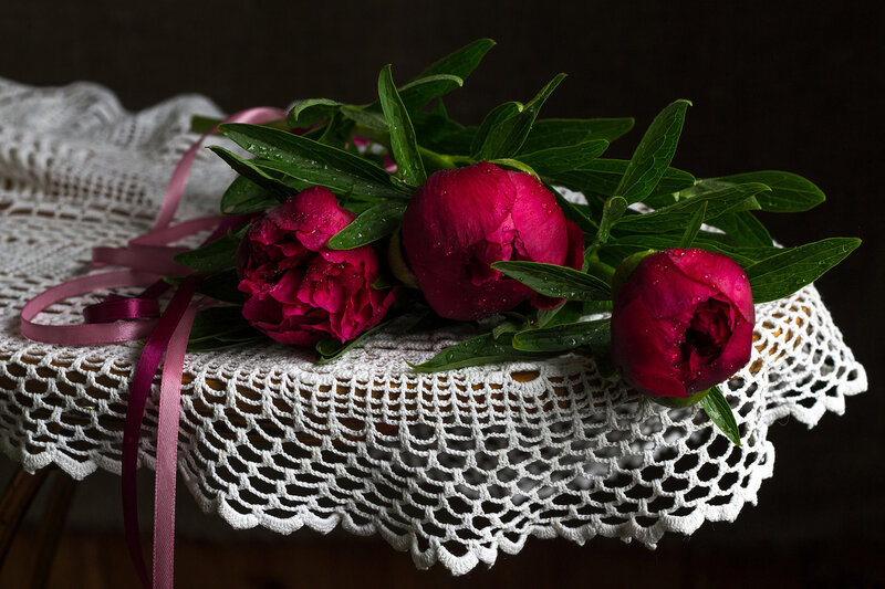 Red Peonies on Lace