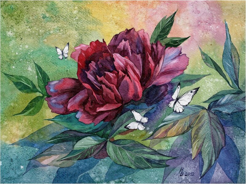 Red Peony Flower — Serene, Painting
