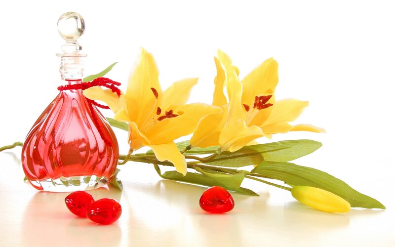 Red Perfume Bottle with Lilies
