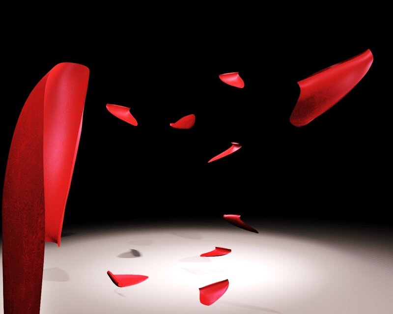 Red petals falling in darkness