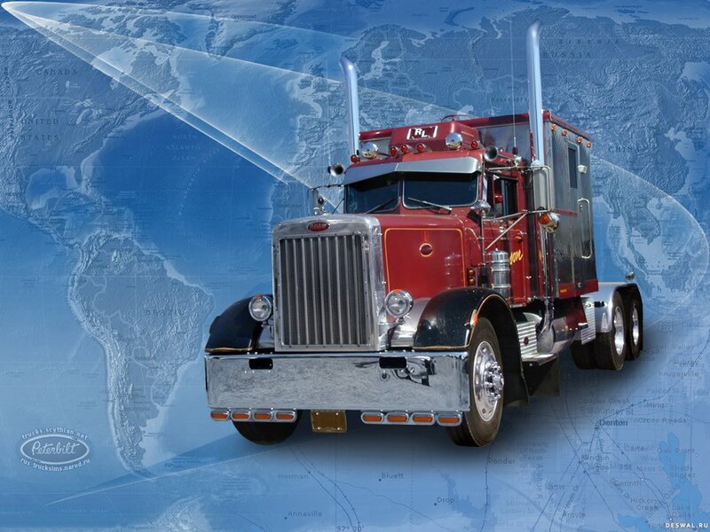Red Peterbilt truck on world map