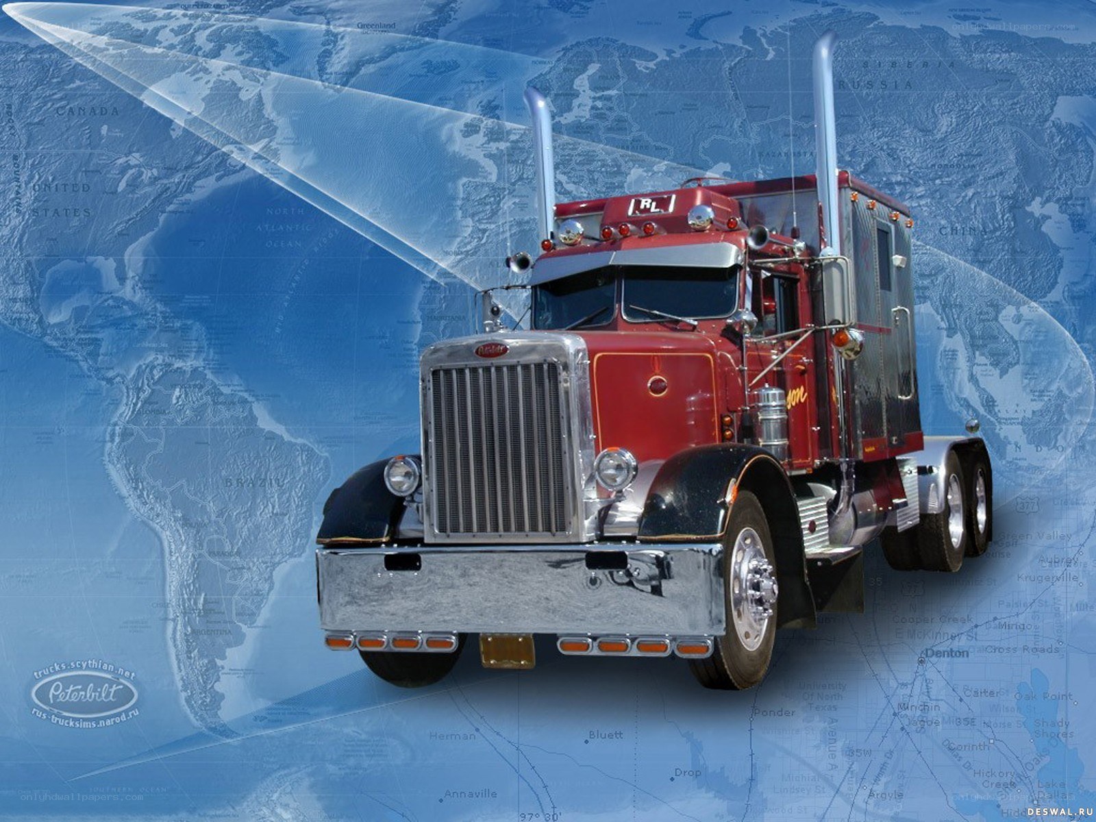 Red Peterbilt truck on world map