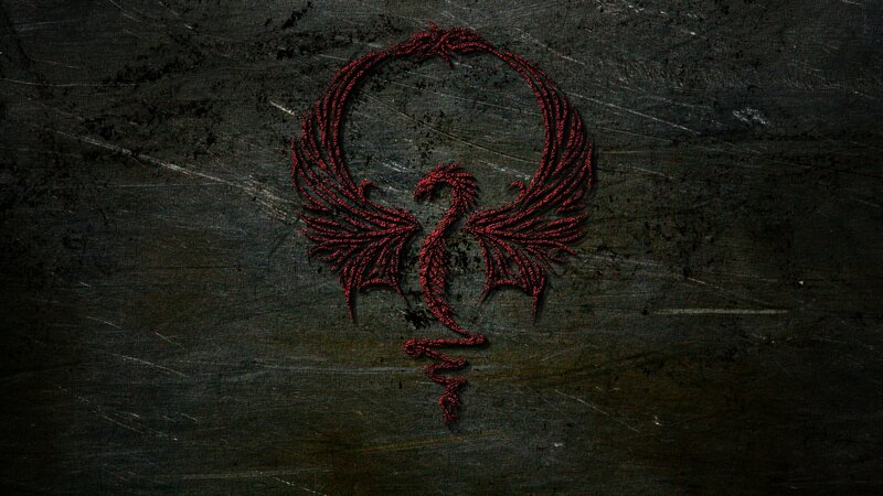 red phoenix emblem on dark metal