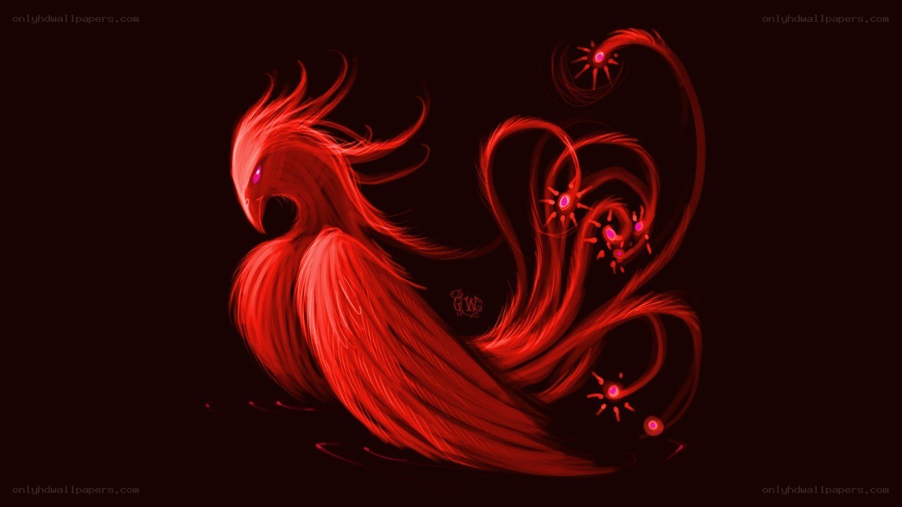 Red phoenix with glowing eyes