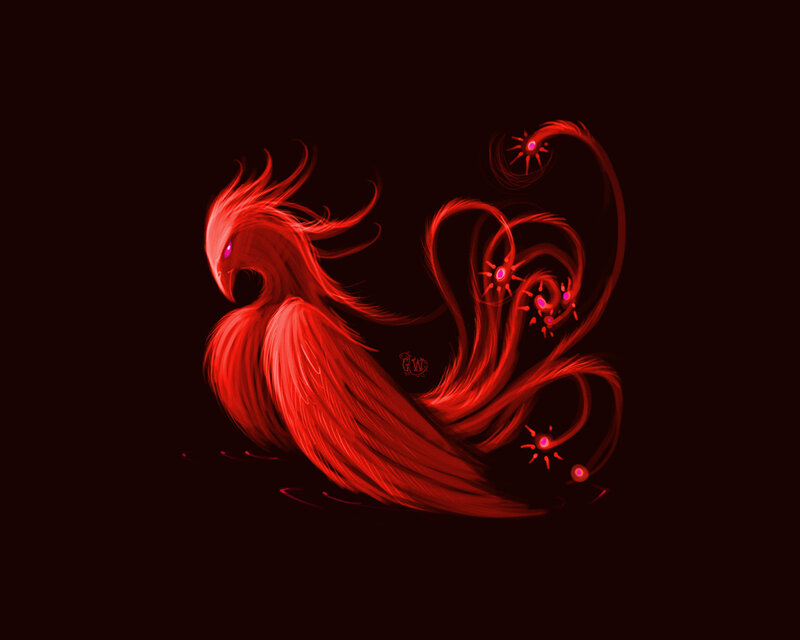 red phoenix with glowing particles