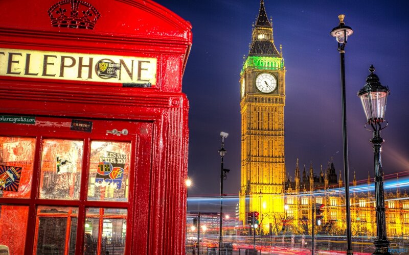 Red Phone Booth and Clock Tower — Dramatic