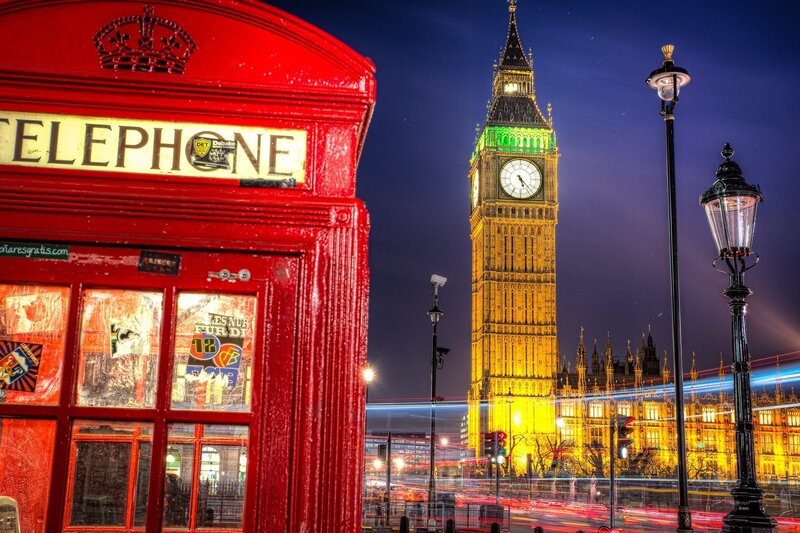 Red phone box and Big Ben at night