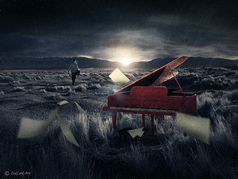 Red Piano in Field