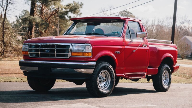Red Pickup Truck — Calm, Afternoon, Photograph, Trees, Road