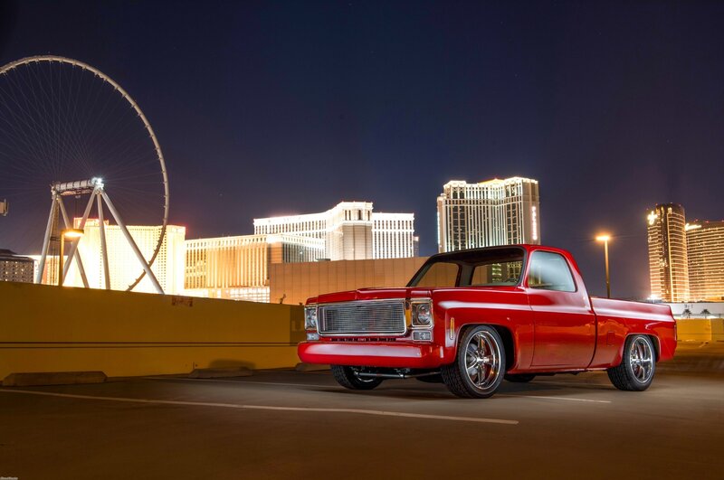 Red Pickup Truck — Dramatic, Night, Photograph