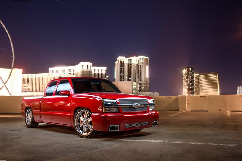 Red Pickup Truck — Dramatic, Night