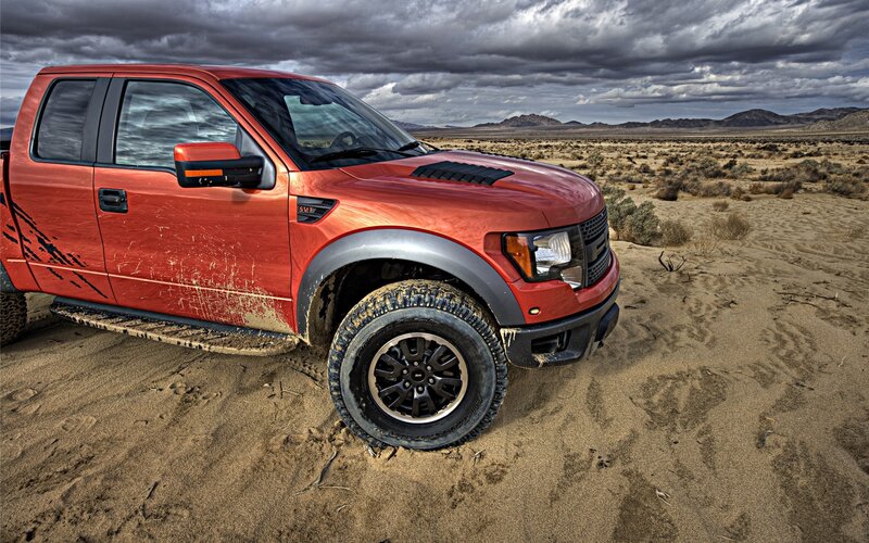Red Pickup Truck — Dramatic, Photograph, Desert, Sand, Mountains