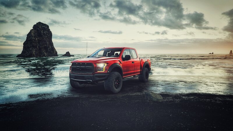 Red Pickup Truck — Dramatic, Sunset, Photograph, Beach