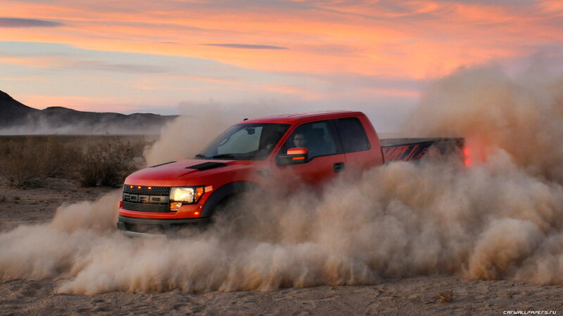 Red Pickup Truck — Dramatic, Sunset, Photograph, Dust Cloud