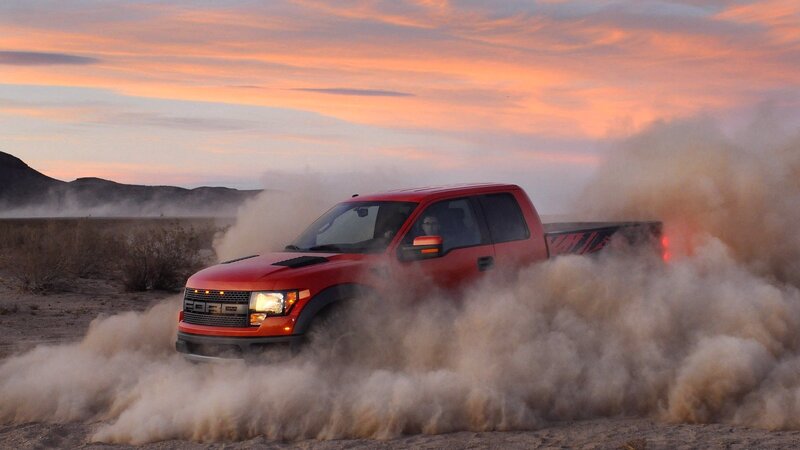 Red Pickup Truck — Dramatic, Sunset, Photograph, Dust, Desert