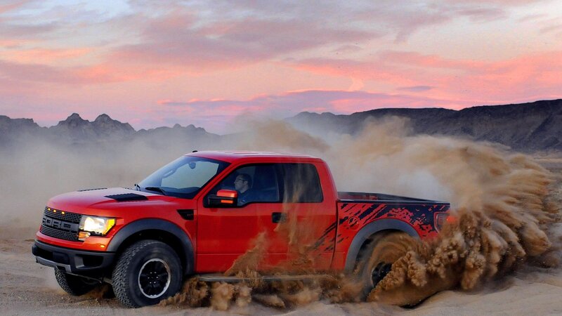 Red Pickup Truck — Dramatic, Sunset, Photograph, Dust, Mountains