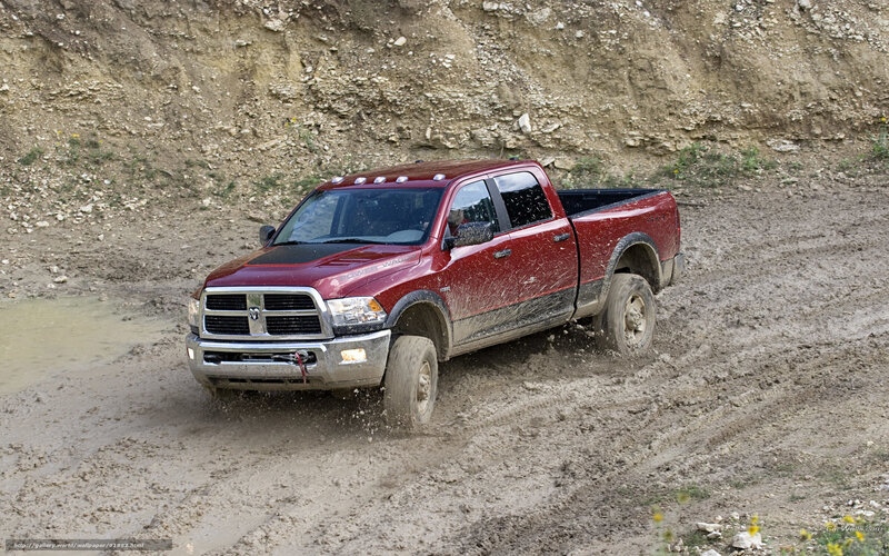 Red Pickup Truck — Dynamic, Photograph, Mud, Dirt Road