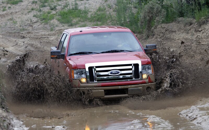Red Pickup Truck — Dynamic, Photograph, Mud, Water