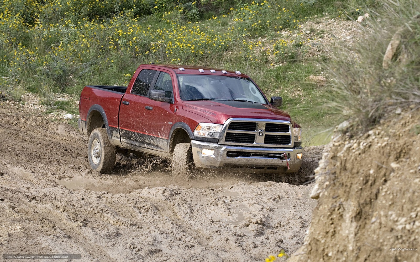 Red pickup truck in mud