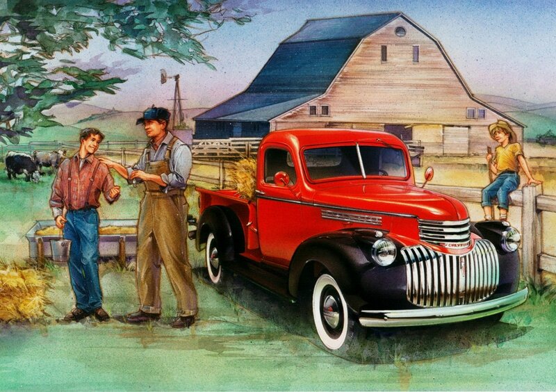 Red Pickup Truck on Farm
