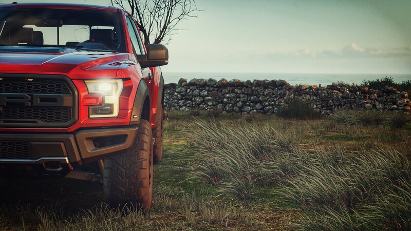 Red Pickup Truck — Serene, Sunset, 3d Render, Stone Wall