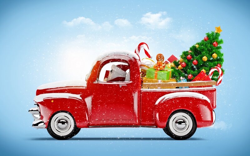 Red Pickup Truck with Gifts — Festive