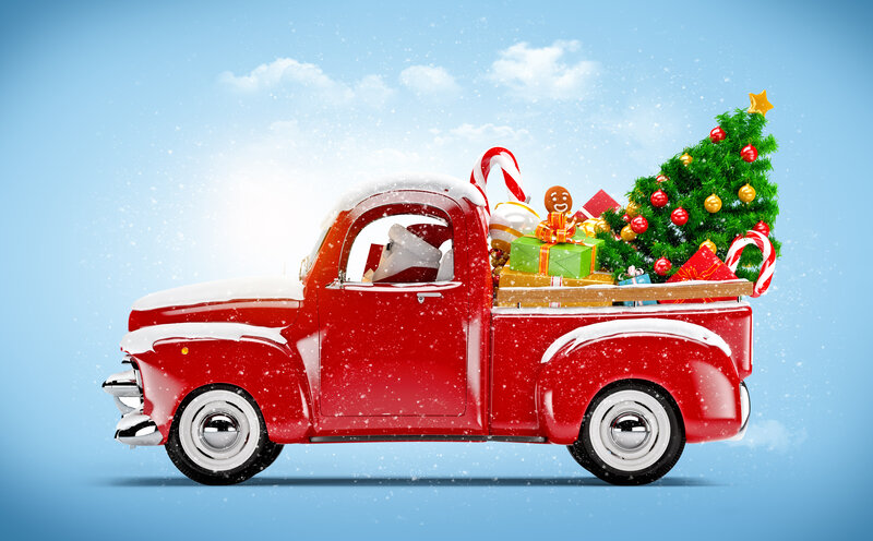 Red Pickup Truck with Gifts