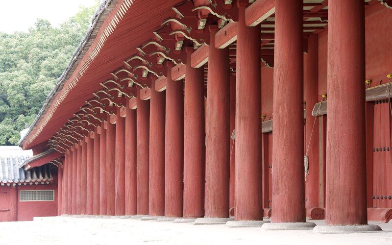 Red pillars of a traditional temple