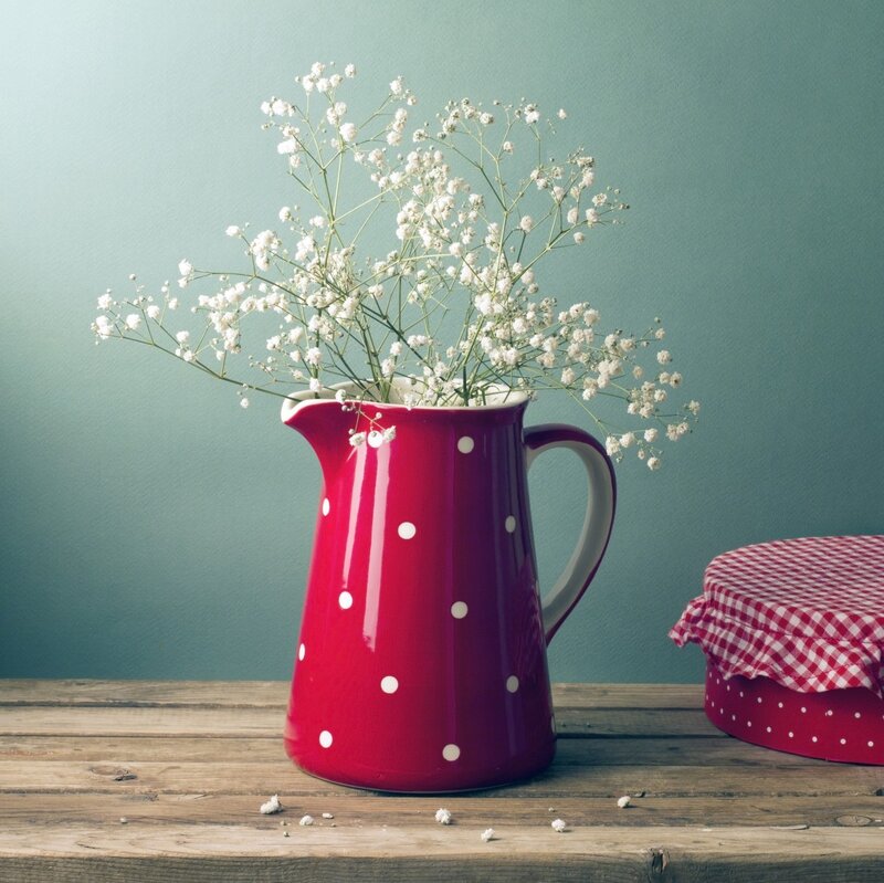 Red Pitcher with Flowers — Calm, Photograph