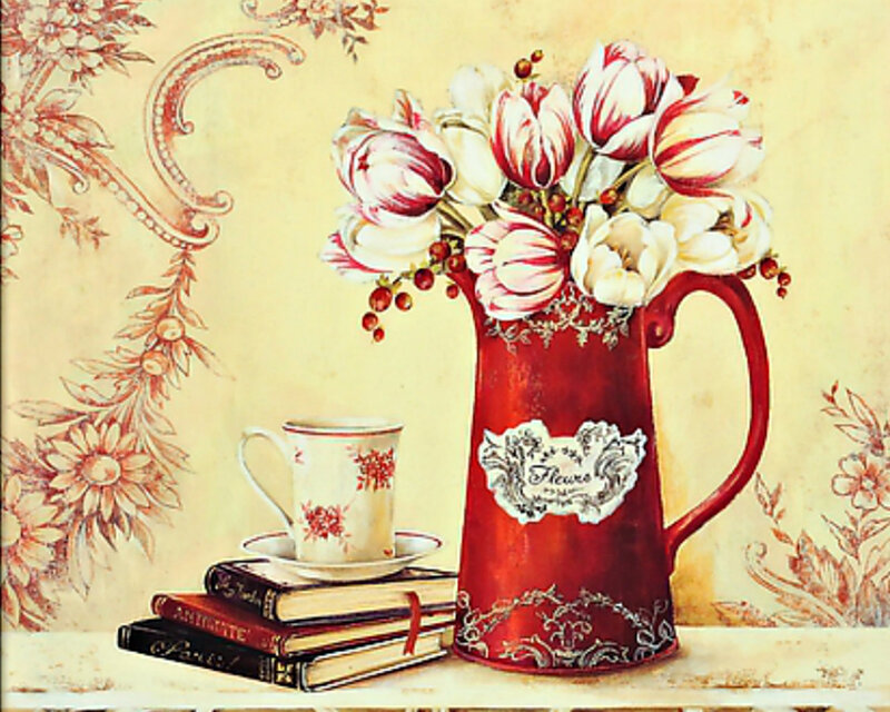 Red Pitcher with Flowers — Calm