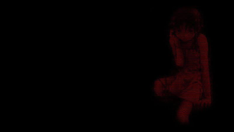 red pixelated figure on black