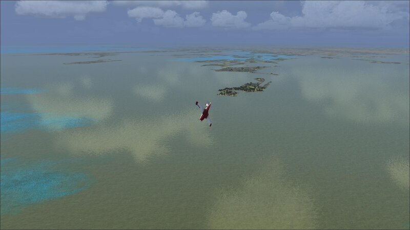 red plane over tropical waters