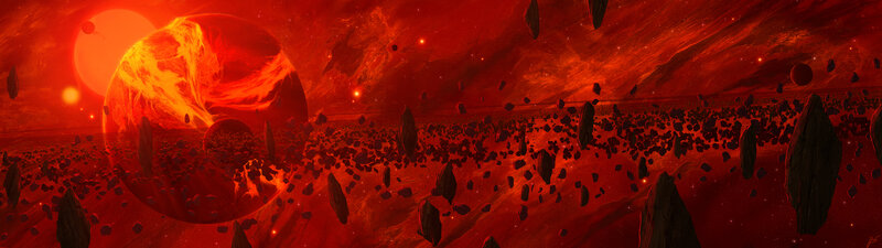 Red Planet in Asteroid Field — Dramatic
