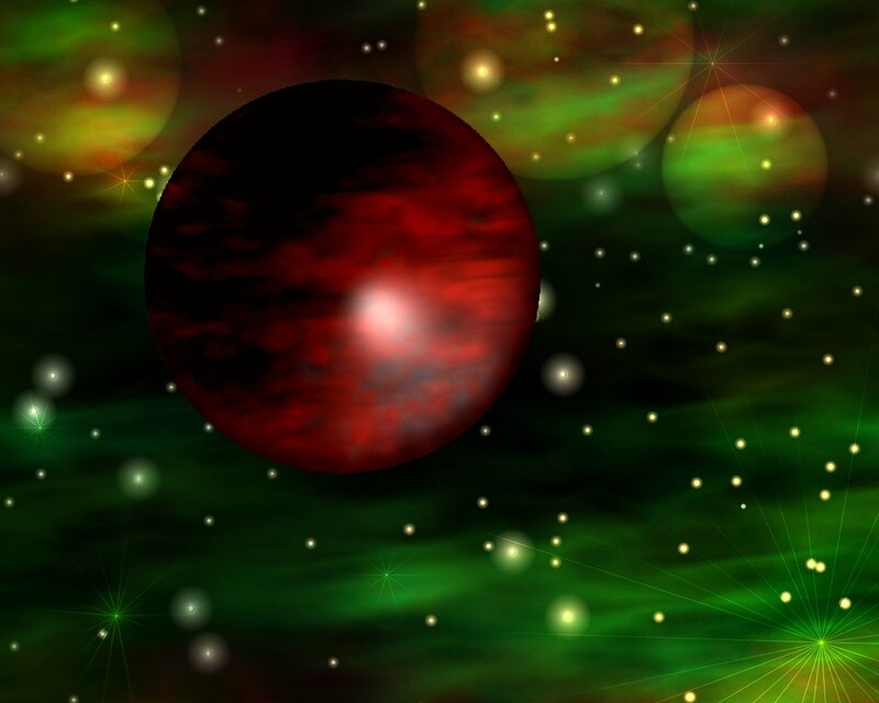 Red planet in green nebula